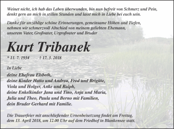 Traueranzeige von Kurt Tribanek von Strelitzer Zeitung