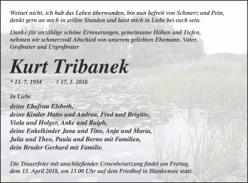 Traueranzeige von Kurt Tribanek von Neubrandenburger Zeitung