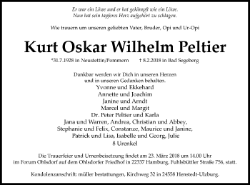 Traueranzeige von Kurt Oskar Wilhelm Peltier von Mecklenburger Schweiz