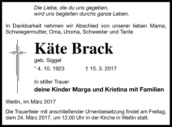 Traueranzeige von Käte Brack von Neubrandenburger Zeitung