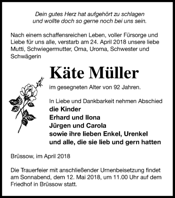 Traueranzeige von Käte Müller von Prenzlauer Zeitung