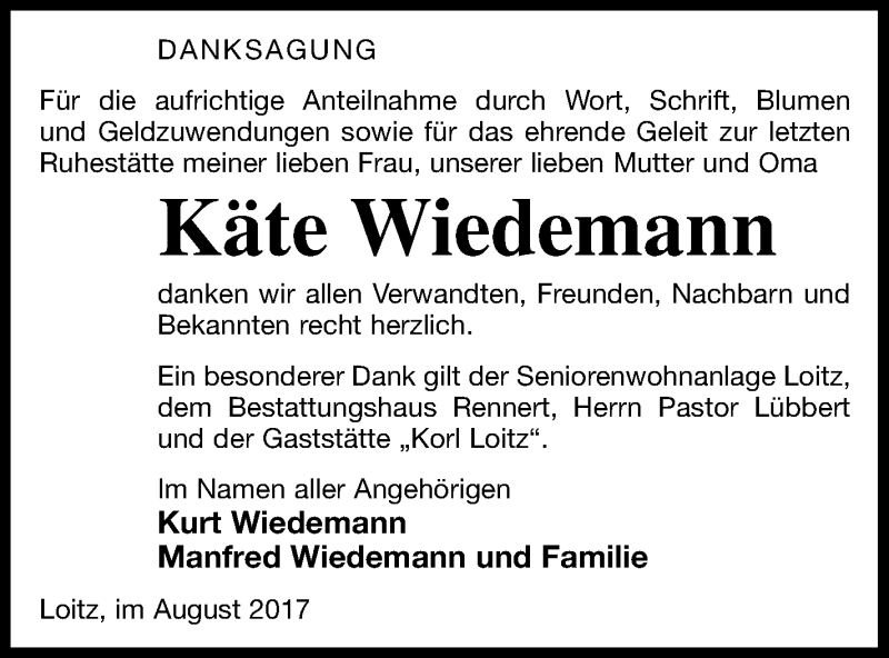  Traueranzeige für Käte Wiedemann vom 01.09.2017 aus Vorpommern Kurier