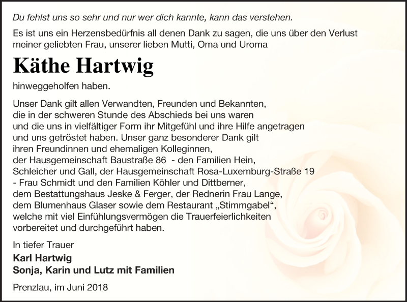  Traueranzeige für Käthe Hartwig vom 23.06.2018 aus Prenzlauer Zeitung
