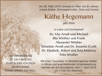 Traueranzeige von Käthe Hegemann von Strelitzer Zeitung