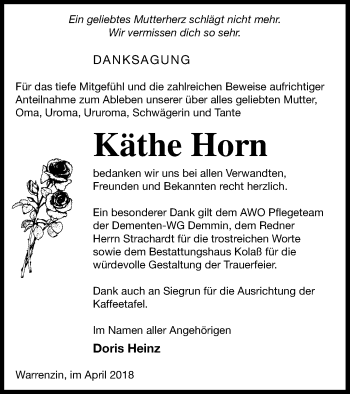 Traueranzeige von Käthe Horn von Demminer Zeitung