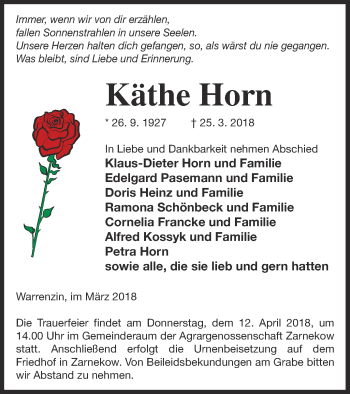 Traueranzeige von Käthe Horn von Demminer Zeitung