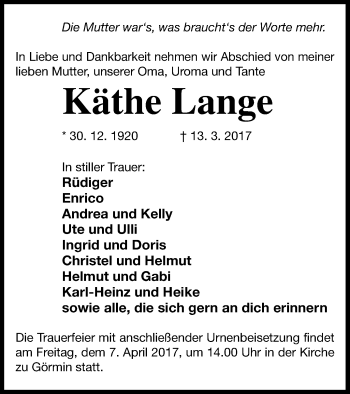 Traueranzeige von Käthe Lange von Vorpommern Kurier