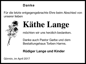 Traueranzeige von Käthe Lange von Vorpommern Kurier