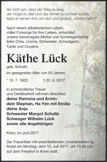 Traueranzeige von Käthe Lück von Vorpommern Kurier