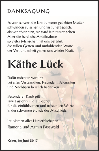 Traueranzeige von Käthe Lück von Vorpommern Kurier