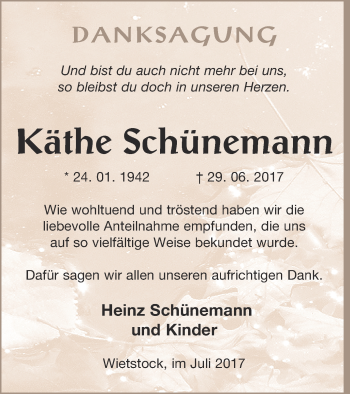 Traueranzeige von Käthe Schünemann von Haff-Zeitung