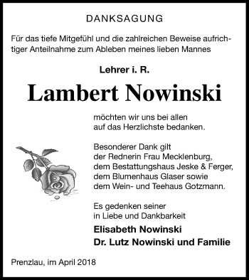 Traueranzeige von Lambert Nowinski von Prenzlauer Zeitung