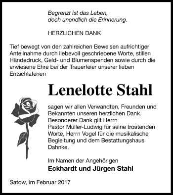 Traueranzeige von Lenelotte Stahl von Müritz-Zeitung