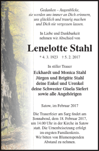 Traueranzeige von Lenelotte Stahl von Müritz-Zeitung