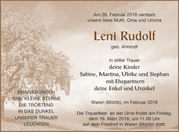 Traueranzeige von Leni Rudolf von Müritz-Zeitung