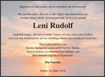 Traueranzeige von Leni Rudolf von Müritz-Zeitung