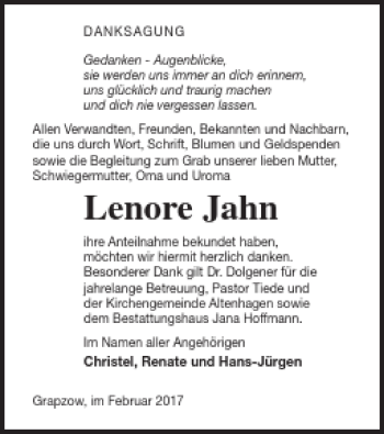 Traueranzeige von Lenore Jahn von Neubrandenburger Zeitung