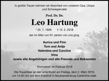 Traueranzeige von Leo Hartung von Templiner Zeitung