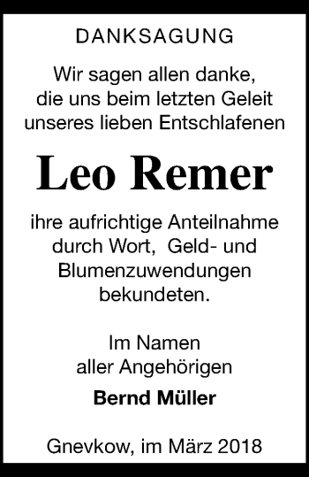 Traueranzeige von Leo Remer von Neubrandenburger Zeitung