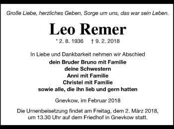 Traueranzeige von Leo Remer von Neubrandenburger Zeitung