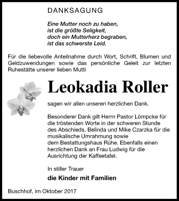 Traueranzeige von Leokadia Roller von Strelitzer Zeitung