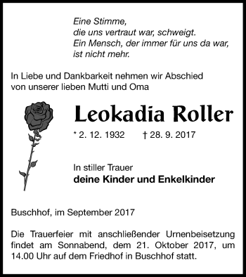 Traueranzeige von Leokadia Roller von Strelitzer Zeitung