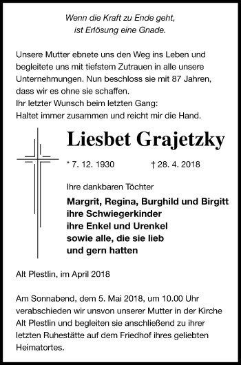 Traueranzeige von Liesbet Grajetzky von Vorpommern Kurier