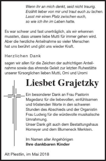 Traueranzeige von Liesbet Grajetzky von Vorpommern Kurier