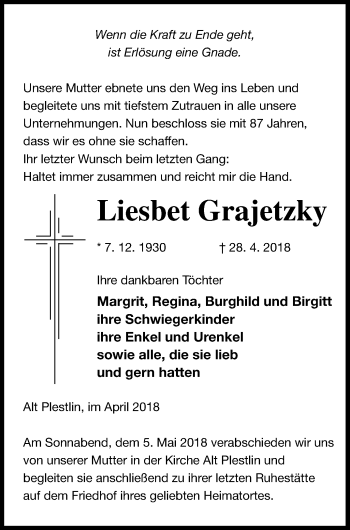 Traueranzeige von Liesbet Grajetzky von Vorpommern Kurier