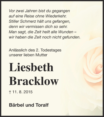 Traueranzeige von Liesbeth Bracklow von Nordkurier Gesamtausgabe