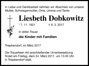 Traueranzeige von Liesbeth Dobkowitz von Strelitzer Zeitung