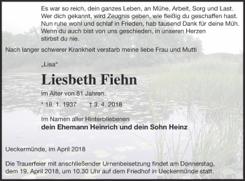 Traueranzeige von Liesbeth Fiehn von Haff-Zeitung