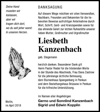 Traueranzeige von Liesbeth Kanzenbach von Pasewalker Zeitung