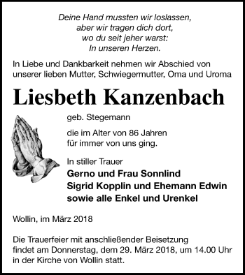 Traueranzeige von Liesbeth Kanzenbach von Pasewalker Zeitung