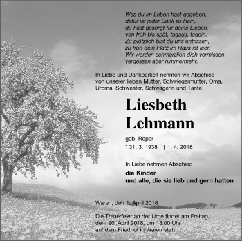 Traueranzeige von Liesbeth Lehmann von Müritz-Zeitung