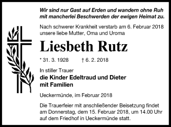 Traueranzeige von Liesbeth Rutz von Haff-Zeitung