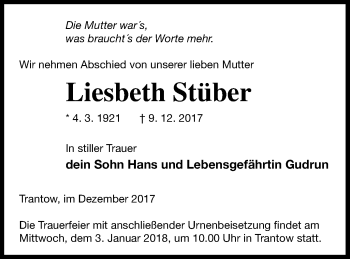 Traueranzeige von Liesbeth Stüber von Vorpommern Kurier