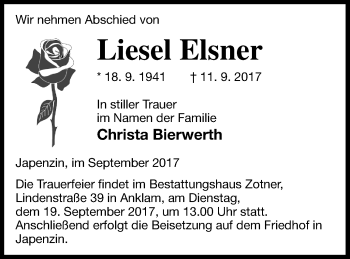 Traueranzeige von Liesel Elsner von Vorpommern Kurier