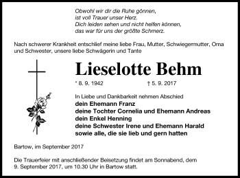 Traueranzeige von Lieselotte Behm von Neubrandenburger Zeitung