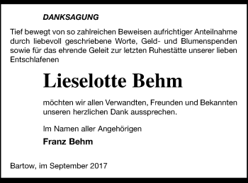 Traueranzeige von Lieselotte Behm von Neubrandenburger Zeitung