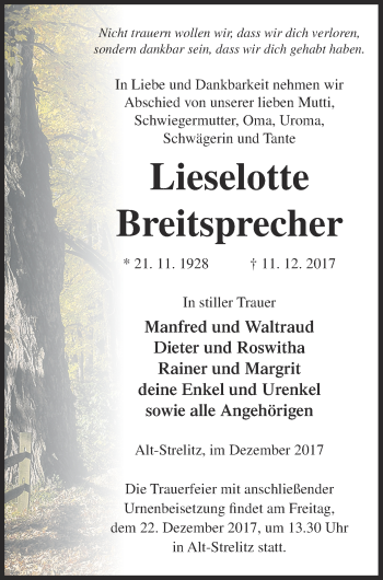 Traueranzeige von Lieselotte Breitsprecher von Vorpommern Kurier