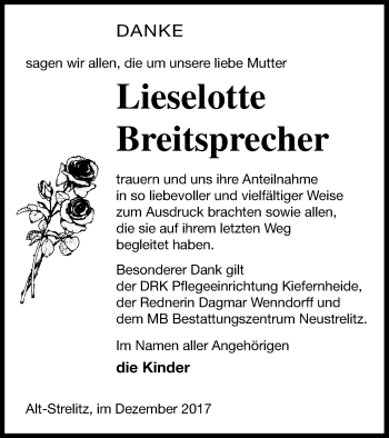 Traueranzeige von Lieselotte Breitsprecher von Strelitzer Zeitung