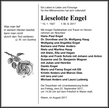 Traueranzeige von Lieselotte Engel von Müritz-Zeitung