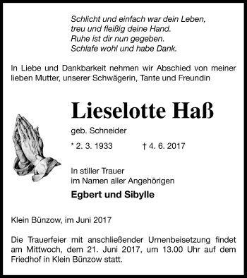 Traueranzeige von Lieselotte Haß von Vorpommern Kurier