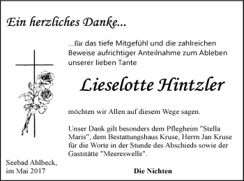 Traueranzeige von Lieselotte Hintzler von Haff-Zeitung