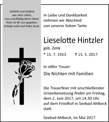 Traueranzeige von Lieselotte Hintzler von Haff-Zeitung