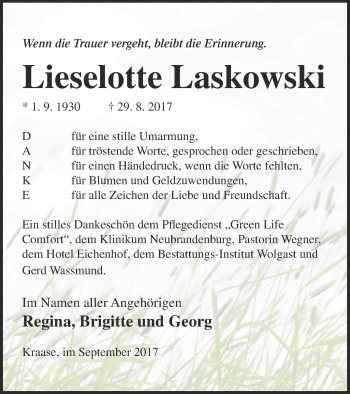 Traueranzeige von Lieselotte Laskowski von Müritz-Zeitung