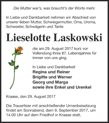 Traueranzeige von Lieselotte Laskowski von Müritz-Zeitung