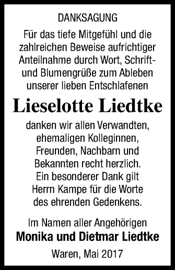 Traueranzeige von Lieselotte Liedtke von Müritz-Zeitung