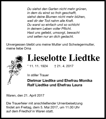 Traueranzeige von Lieselotte Liedtke von Müritz-Zeitung